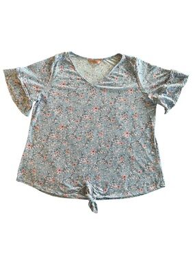 Amiana Light Blue Floral Short Sleeve V-Neck Top